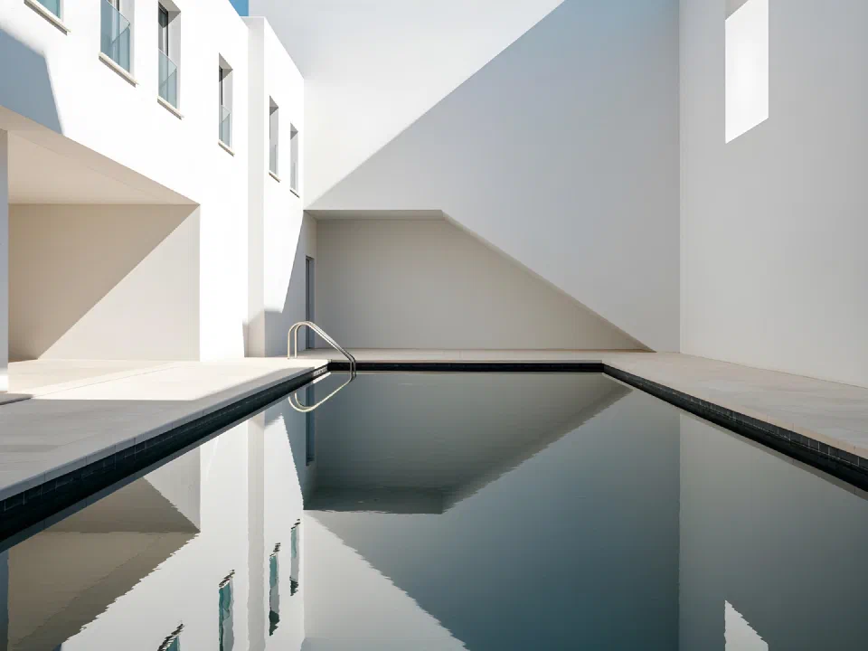 Minimalist white courtyard with a reflecting pool beneath a clear blue sky
